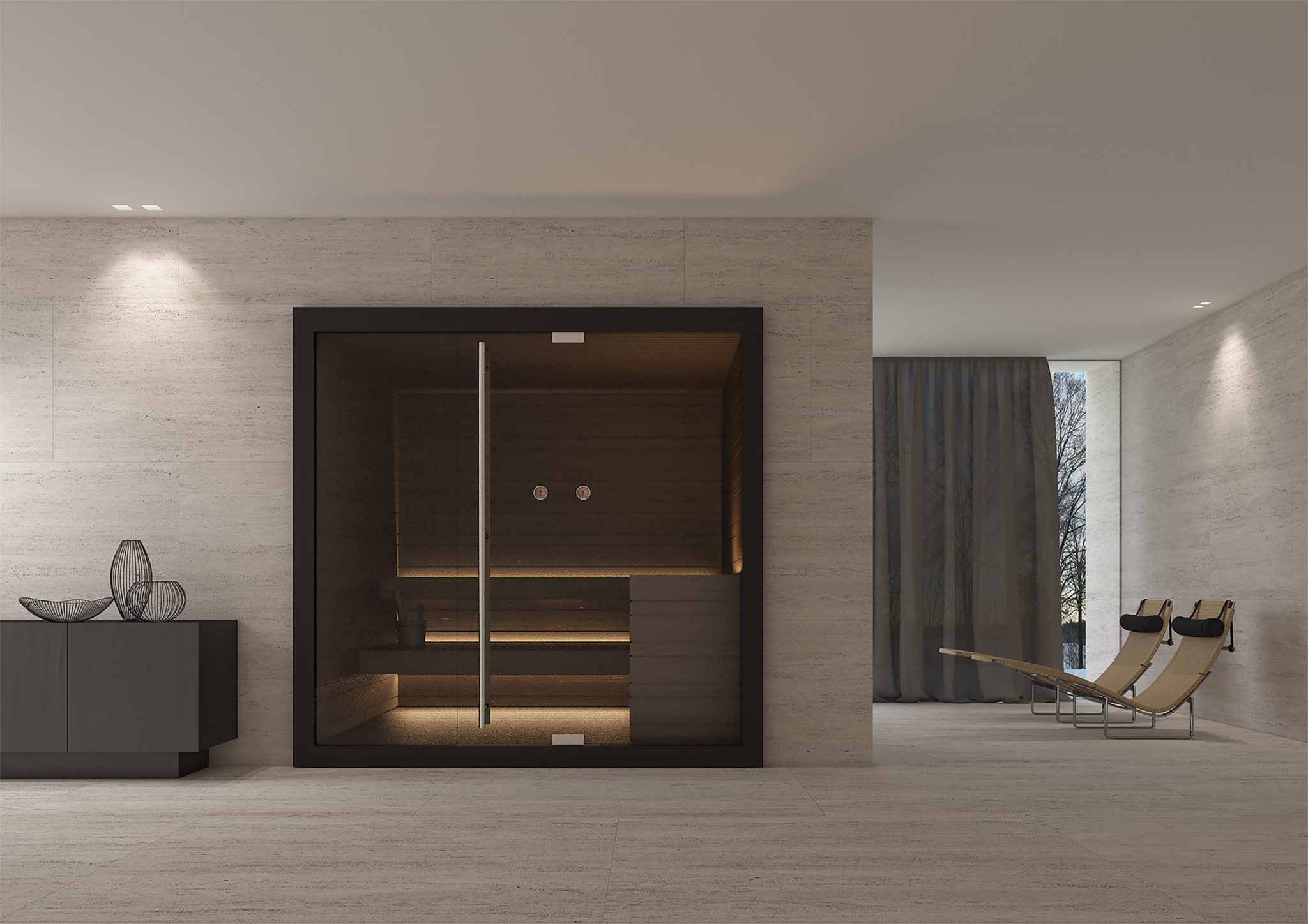 Essentia Sauna, vista frontale in ambiente moderno