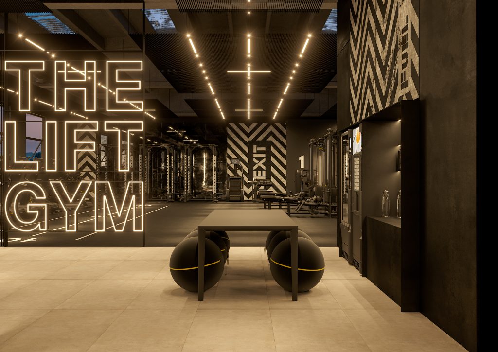 The Lift Gym, vista sul grande marchio retroilluminato e gymfloor